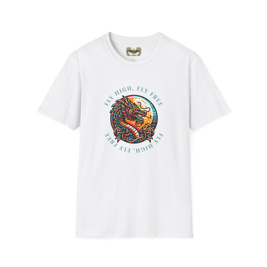 Dragon Graphic T-Shirt - 'Fly High, Fly Free' Unisex Softstyle Tee