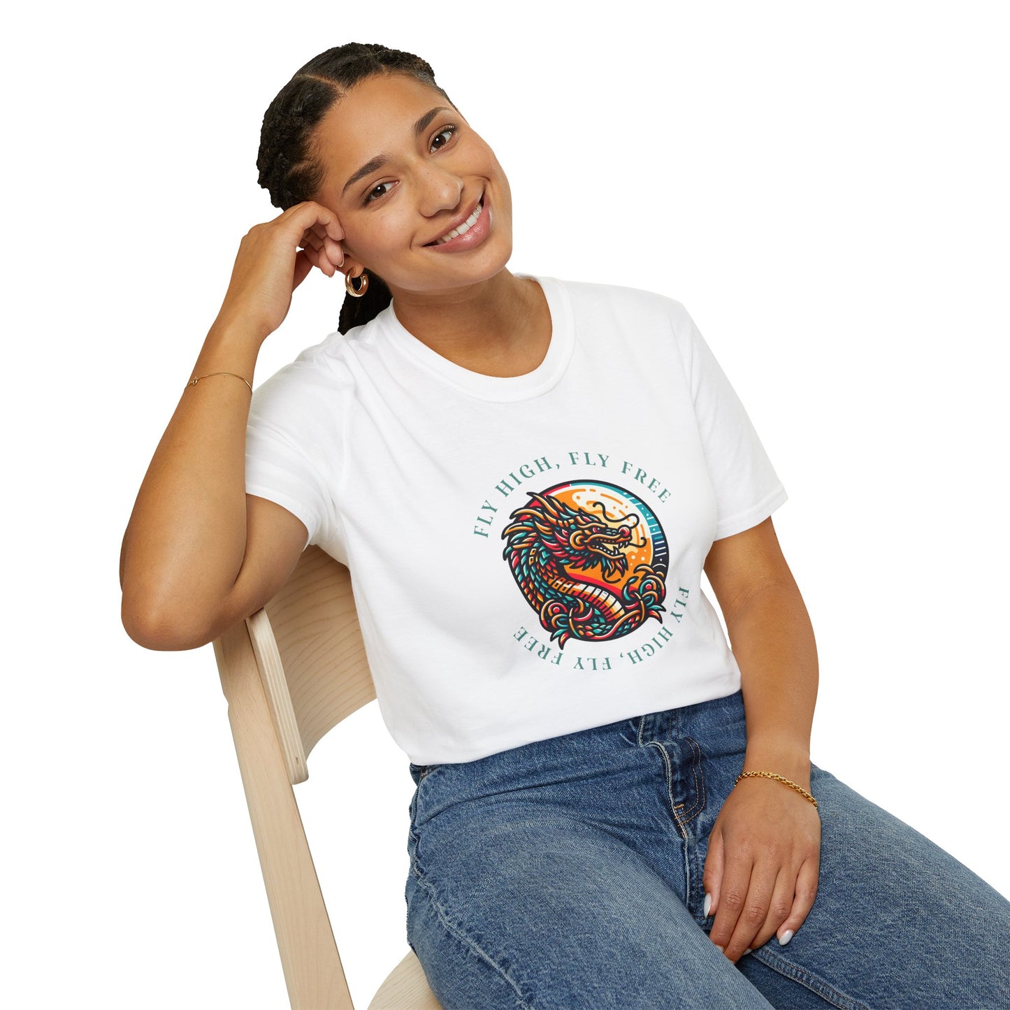 Dragon Graphic T-Shirt - 'Fly High, Fly Free' Unisex Softstyle Tee
