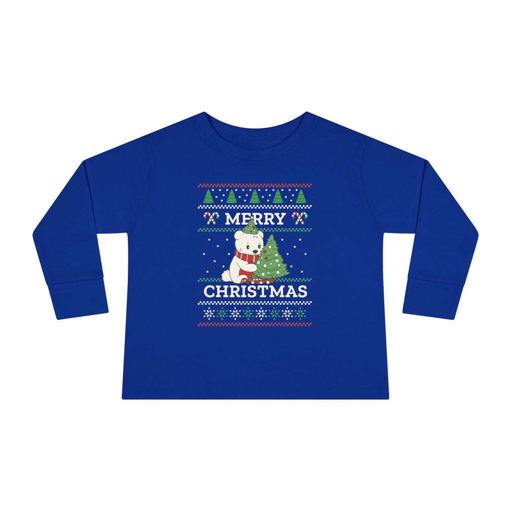 Toddler Long Sleeve Tee — Merry Christmas Snowman & Tree Holiday Shirt for Kids