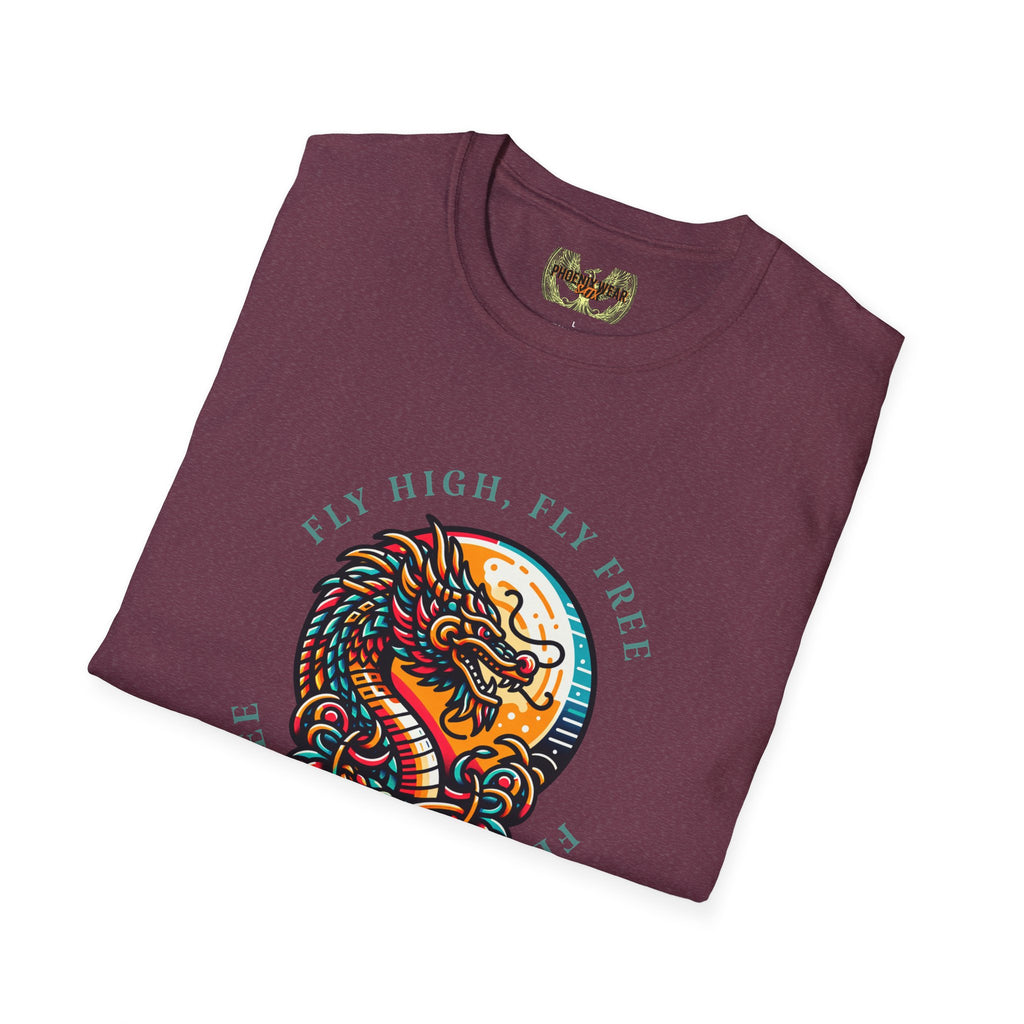 Dragon Graphic T-Shirt - 'Fly High, Fly Free' Unisex Softstyle Tee