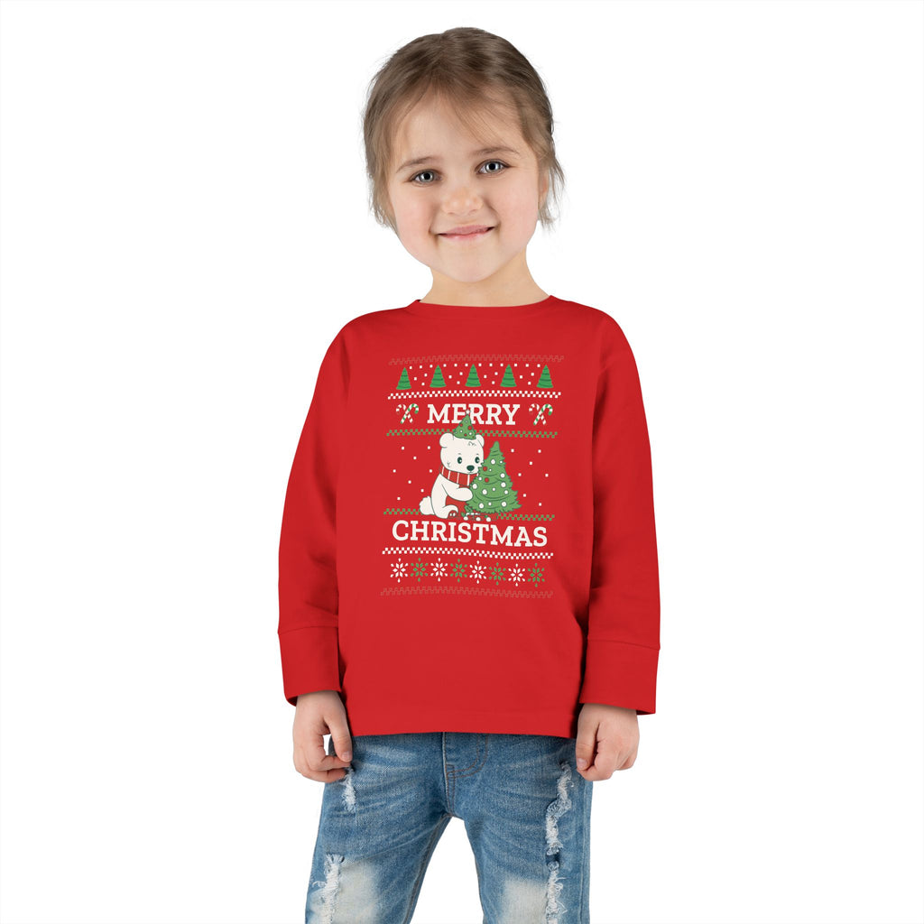 Toddler Long Sleeve Tee — Merry Christmas Snowman & Tree Holiday Shirt for Kids