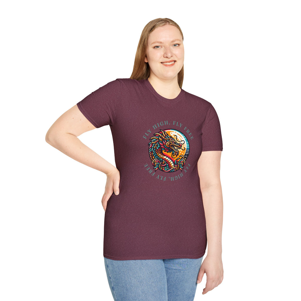 Dragon Graphic T-Shirt - 'Fly High, Fly Free' Unisex Softstyle Tee
