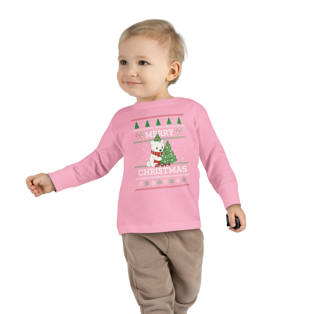 Toddler Long Sleeve Tee — Merry Christmas Snowman & Tree Holiday Shirt for Kids