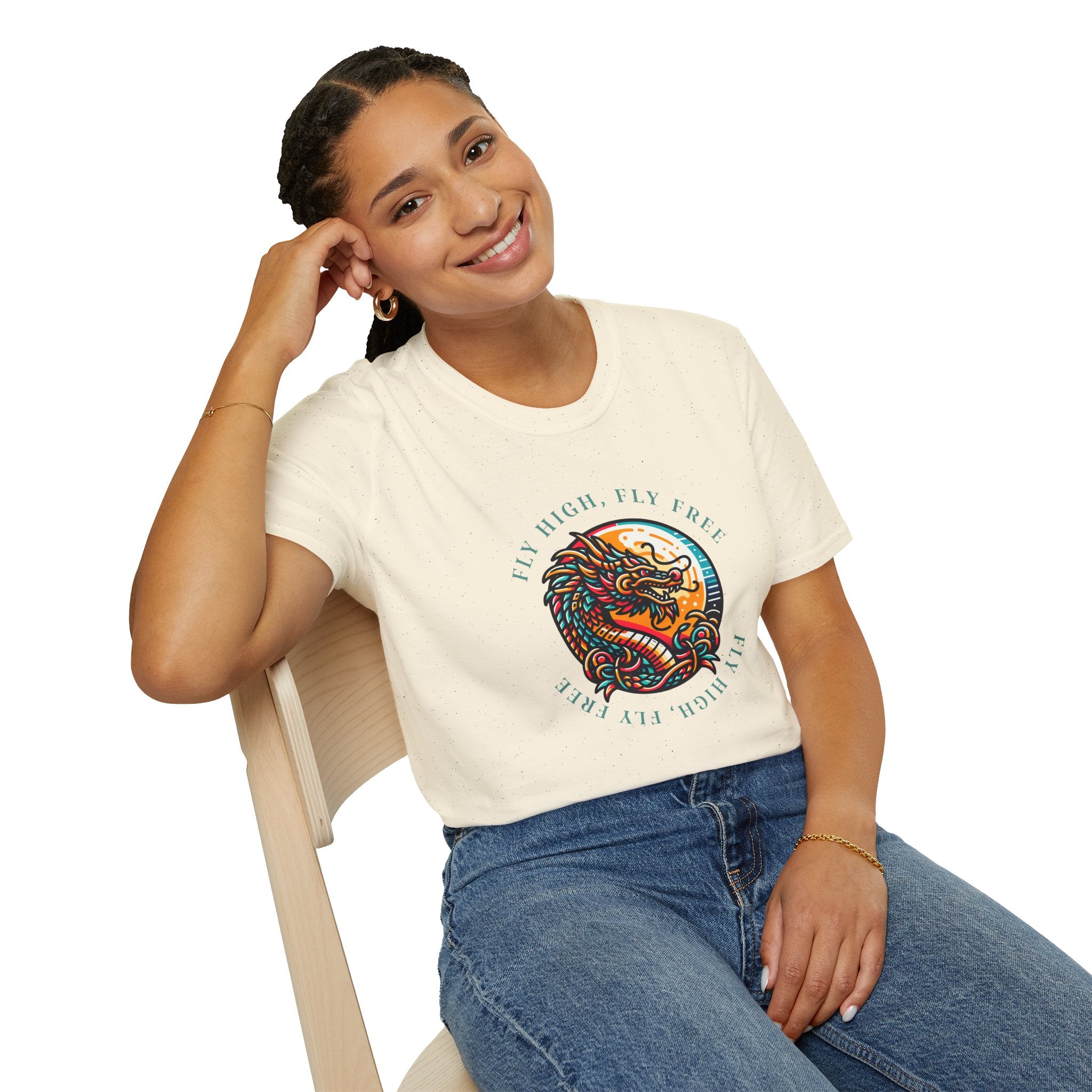 Dragon Graphic T-Shirt - 'Fly High, Fly Free' Unisex Softstyle Tee