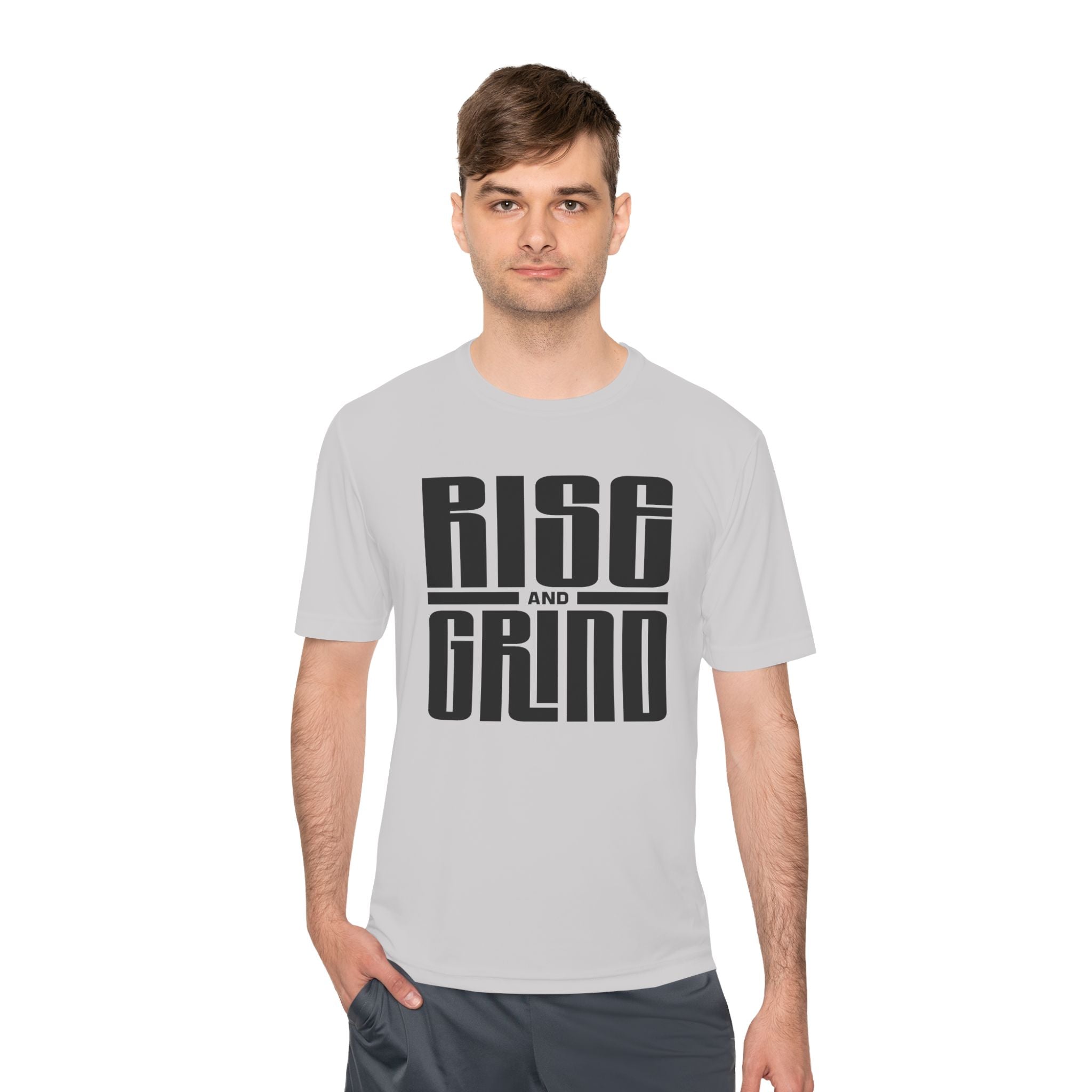 Rise and Grind Moisture-Wicking Tee — Motivational Fitness Shirt