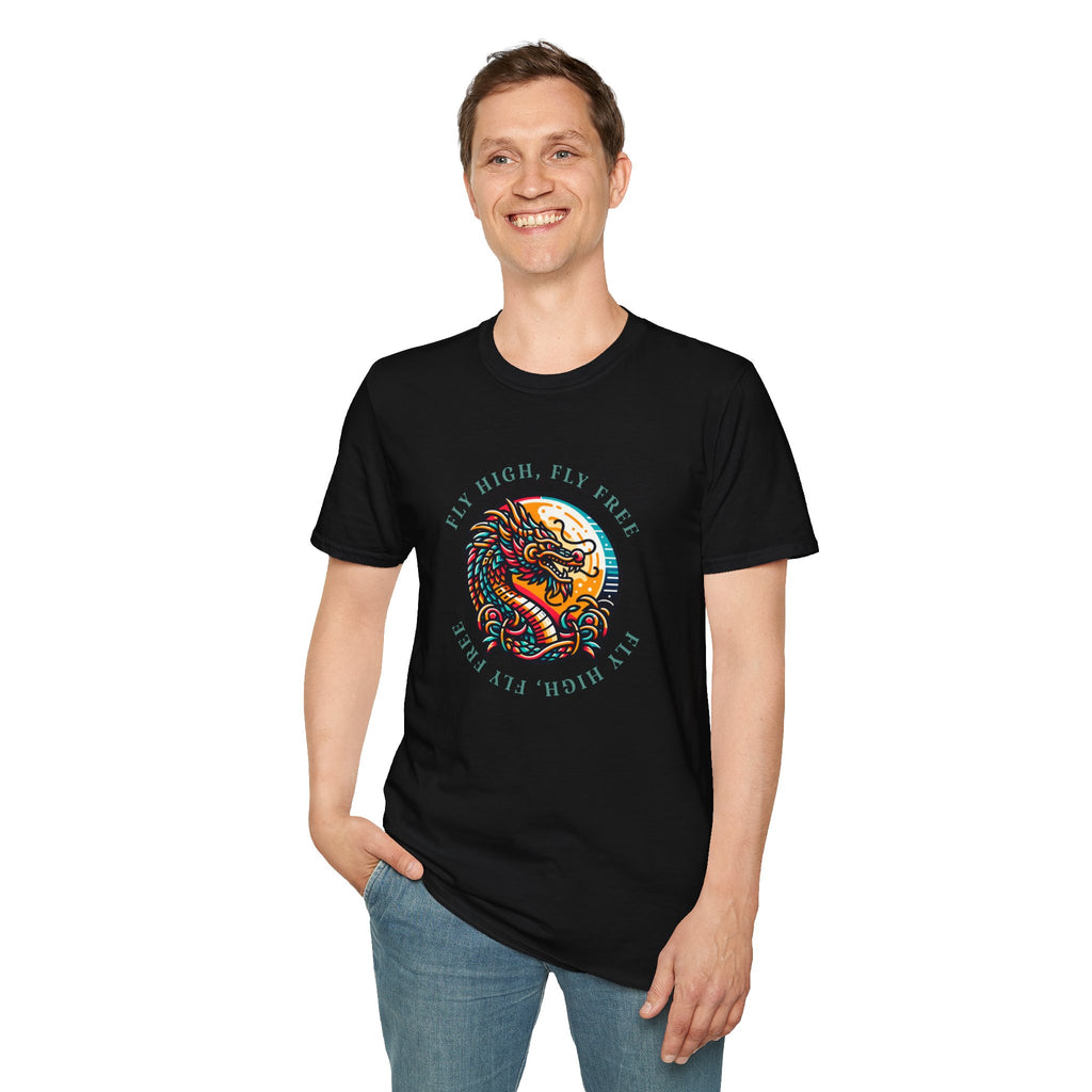 Dragon Graphic T-Shirt - 'Fly High, Fly Free' Unisex Softstyle Tee