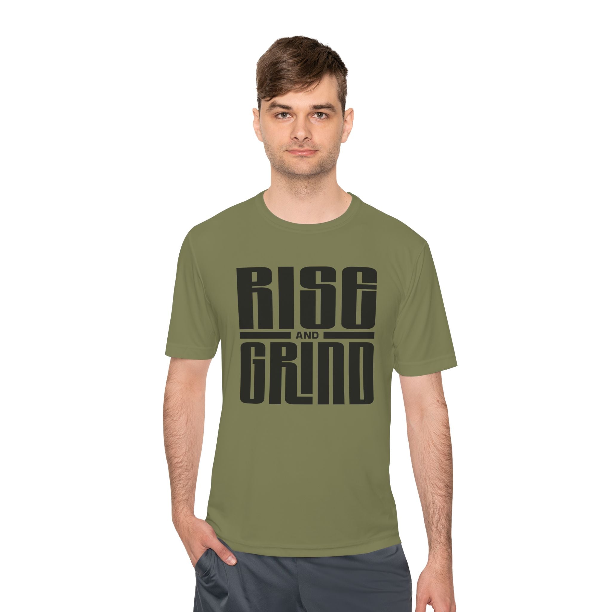 Rise and Grind Moisture-Wicking Tee — Motivational Fitness Shirt