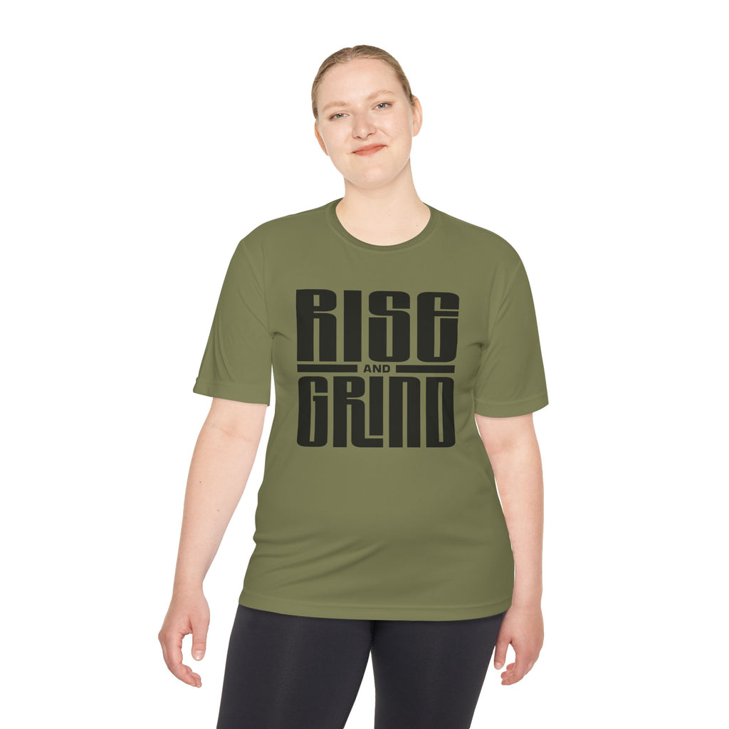 Rise and Grind Moisture-Wicking Tee — Motivational Fitness Shirt