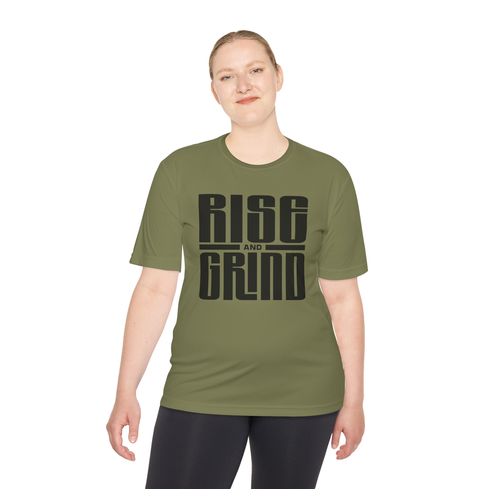 Rise and Grind Moisture-Wicking Tee — Motivational Fitness Shirt