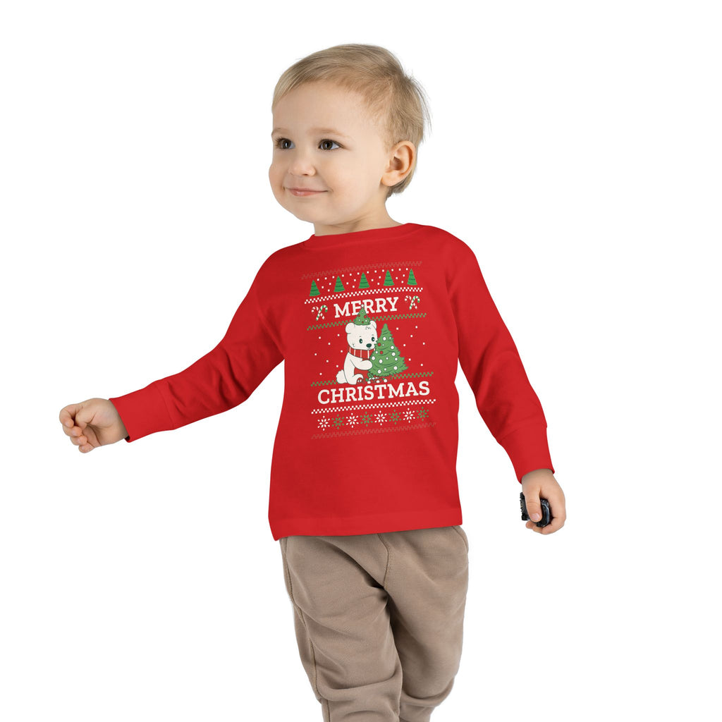 Toddler Long Sleeve Tee — Merry Christmas Snowman & Tree Holiday Shirt for Kids