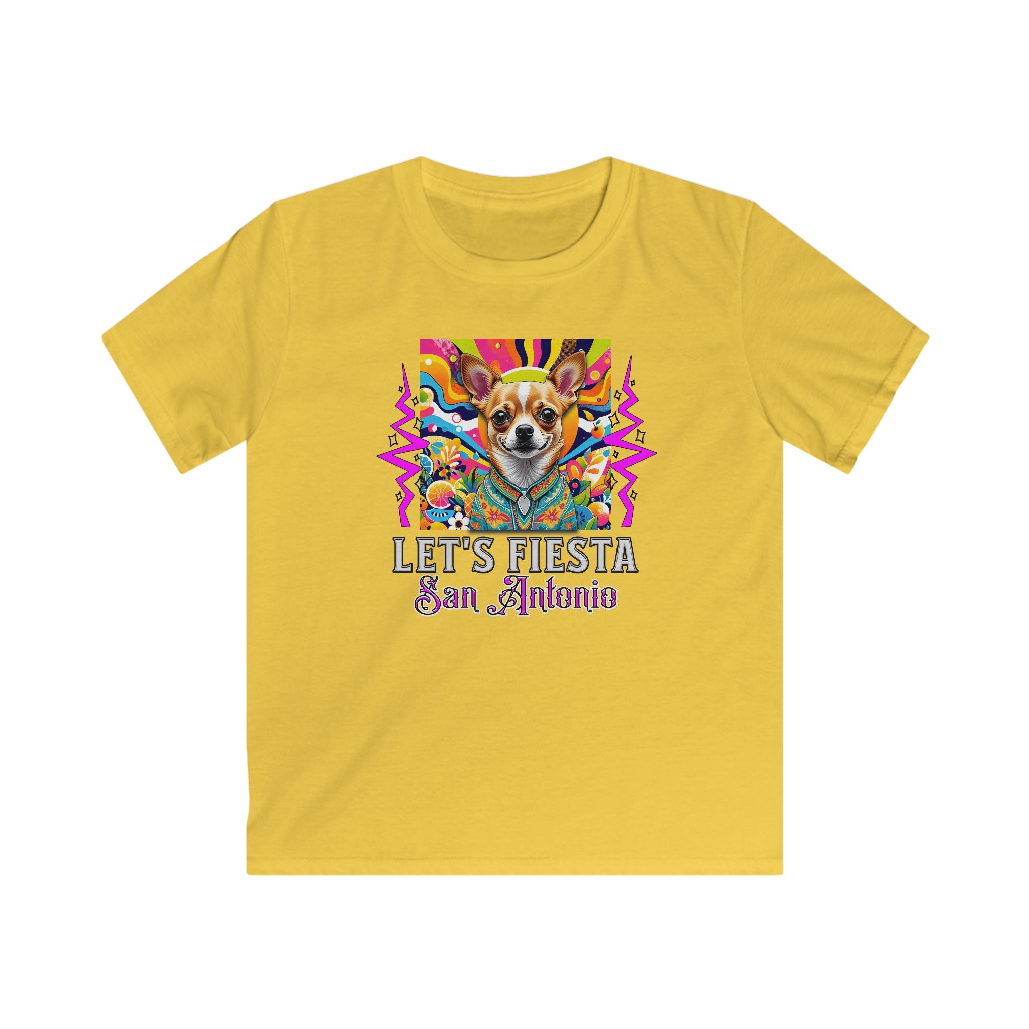 Kids Tee — "Let’s Fiesta San Antonio" Colorful Chihuahua Party Graphic