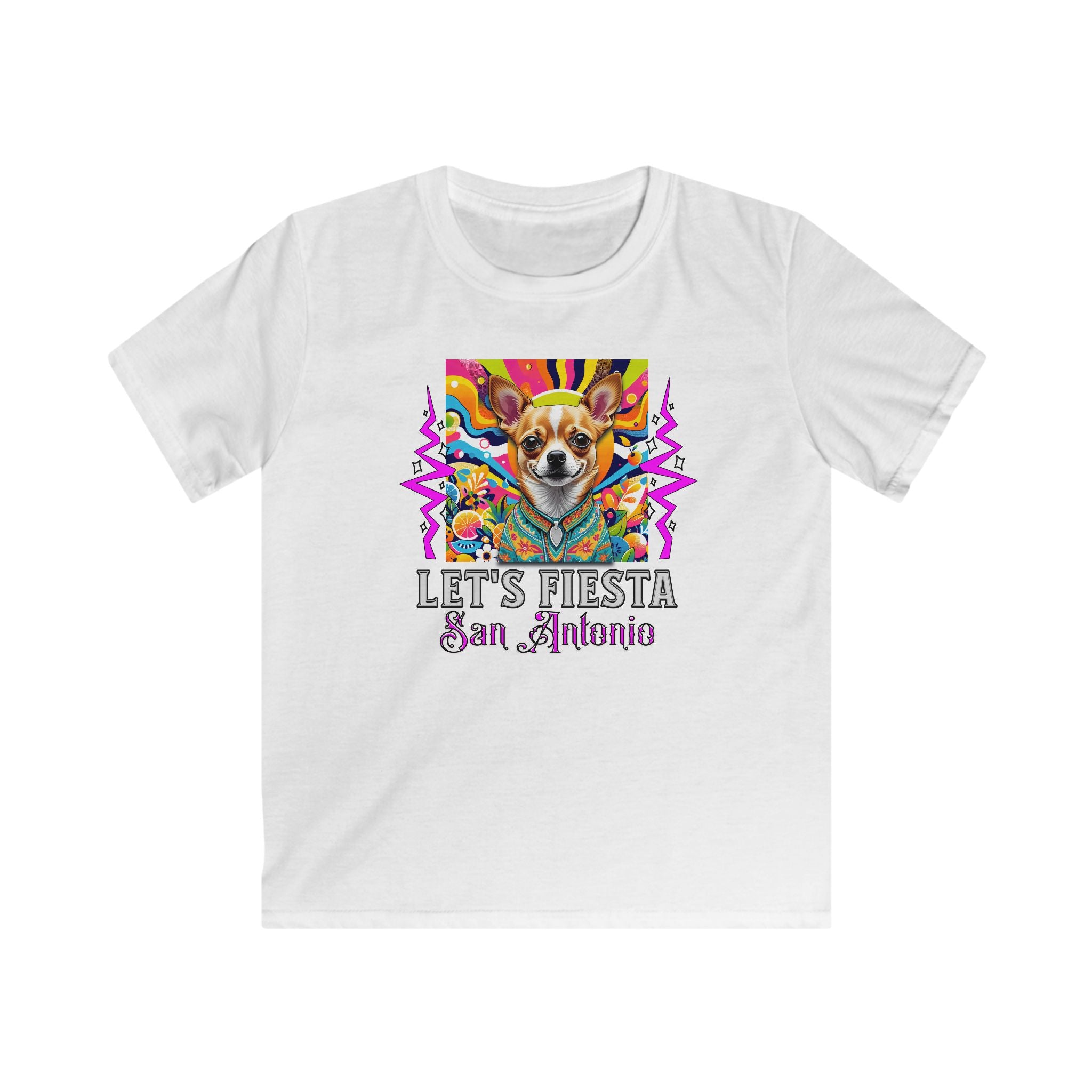 Kids Tee — "Let’s Fiesta San Antonio" Colorful Chihuahua Party Graphic