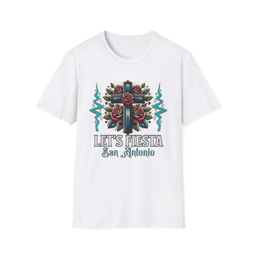 Let’s Fiesta San Antonio T-Shirt — Rose Cross Tattoo Style Fiesta Tee
