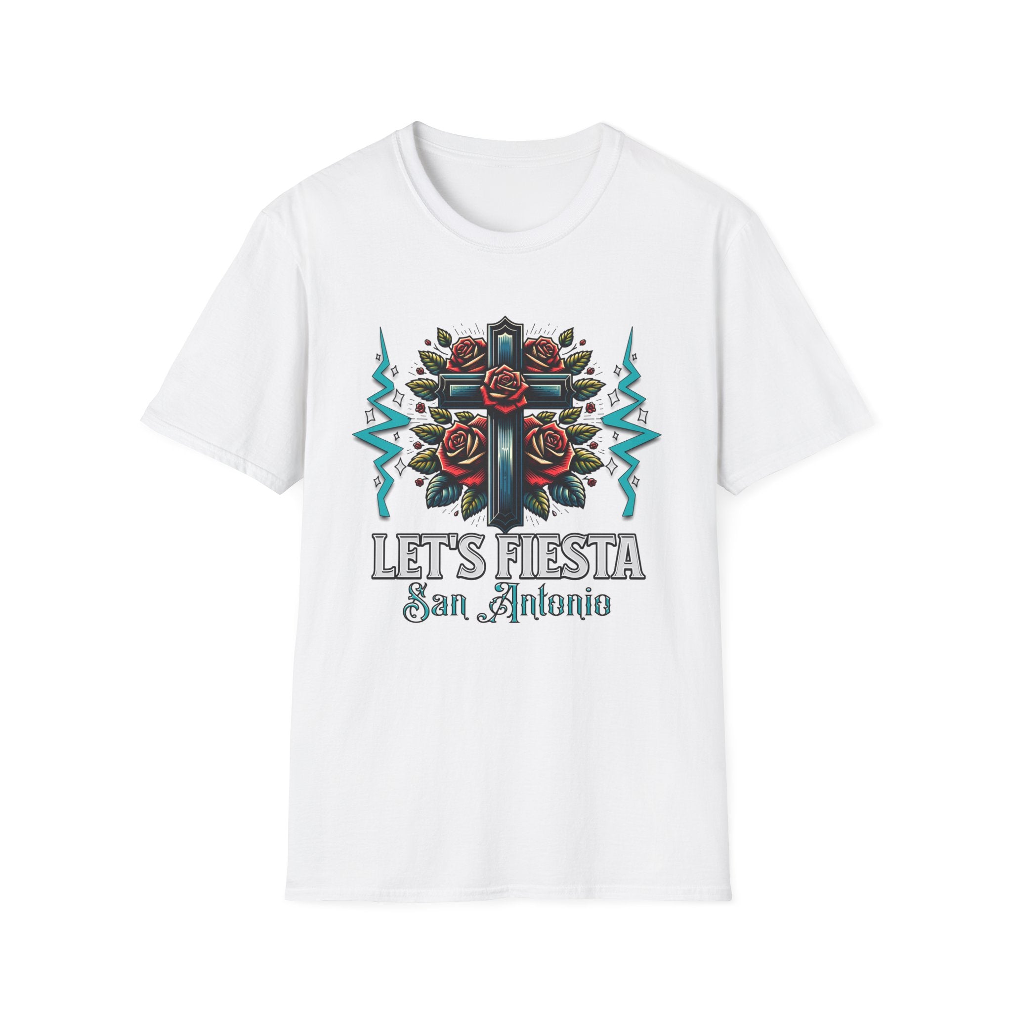 Let’s Fiesta San Antonio T-Shirt — Rose Cross Tattoo Style Fiesta Tee
