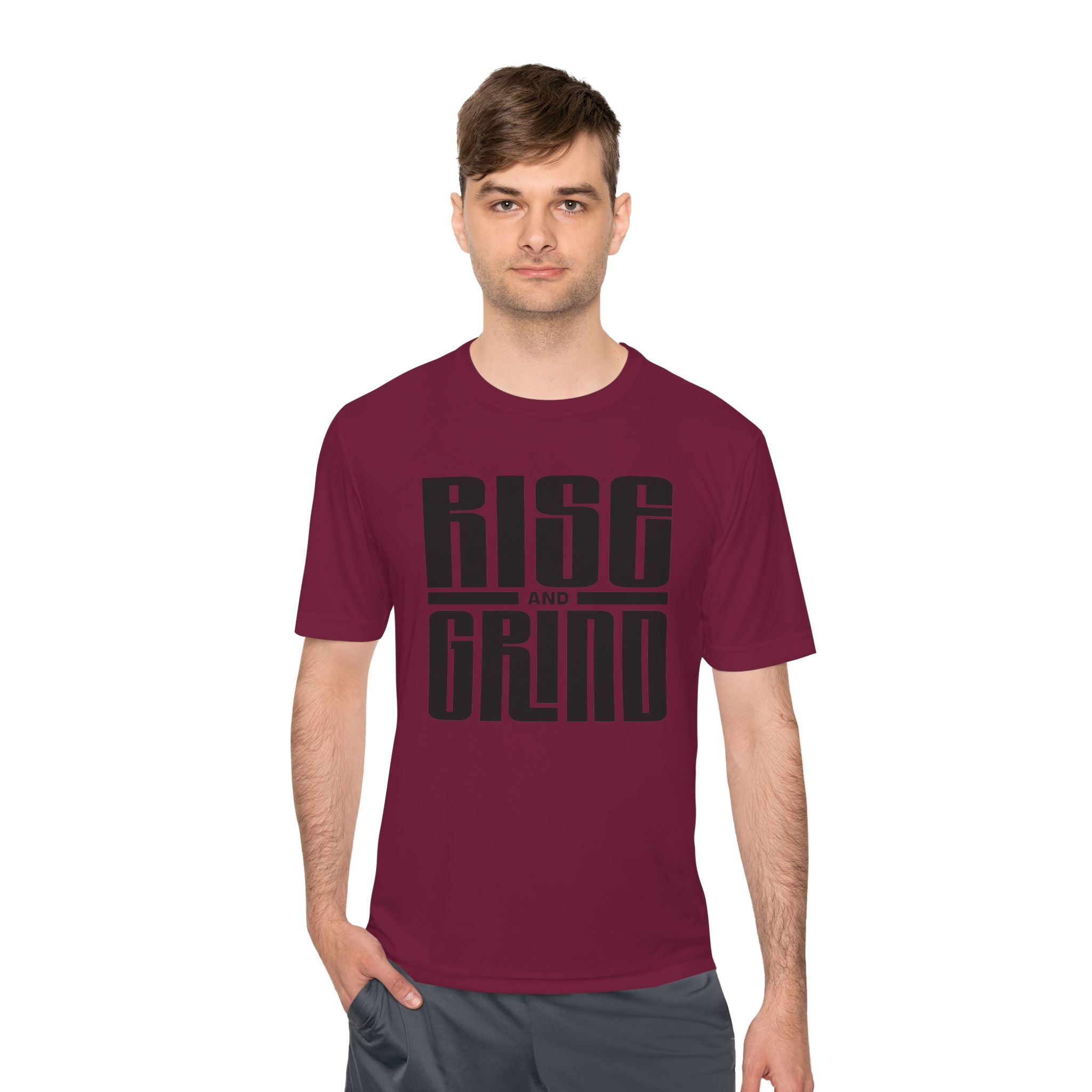 Rise and Grind Moisture-Wicking Tee — Motivational Fitness Shirt