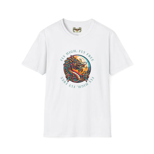 Dragon Graphic T-Shirt - 'Fly High, Fly Free' Unisex Softstyle Tee