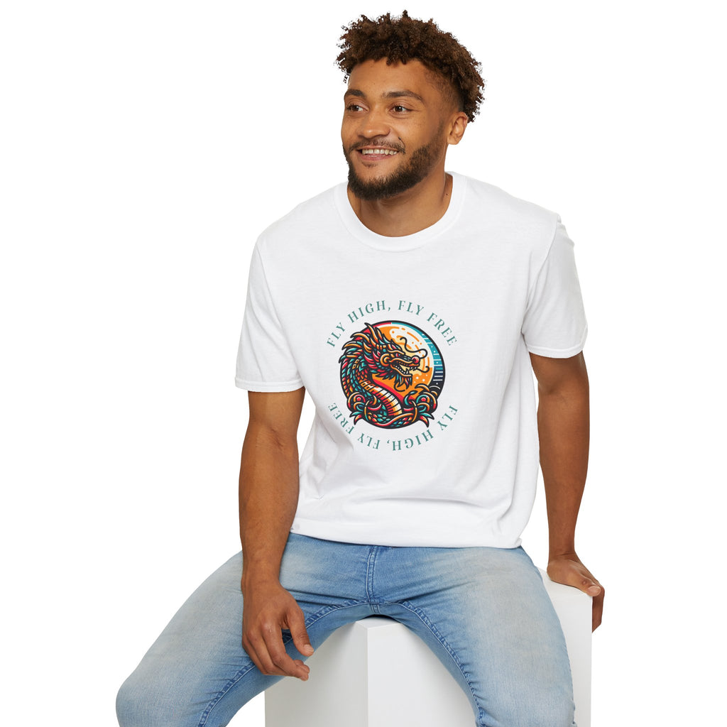 Dragon Graphic T-Shirt - 'Fly High, Fly Free' Unisex Softstyle Tee
