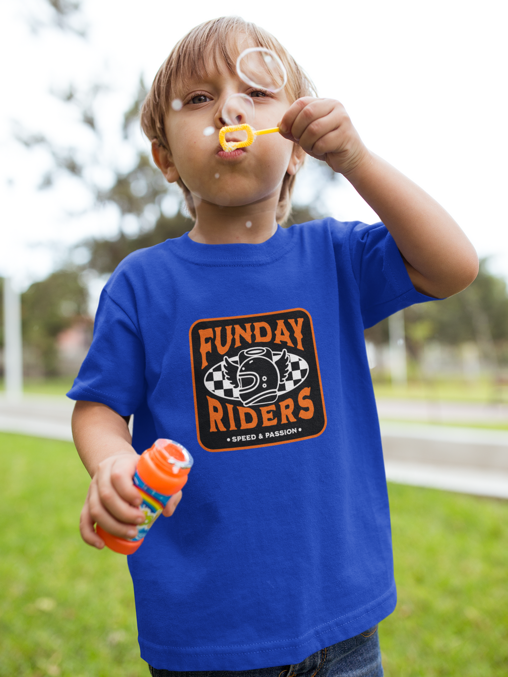 Toddler Tee — “Funday Riders” Motorcycle Helmet Graphic