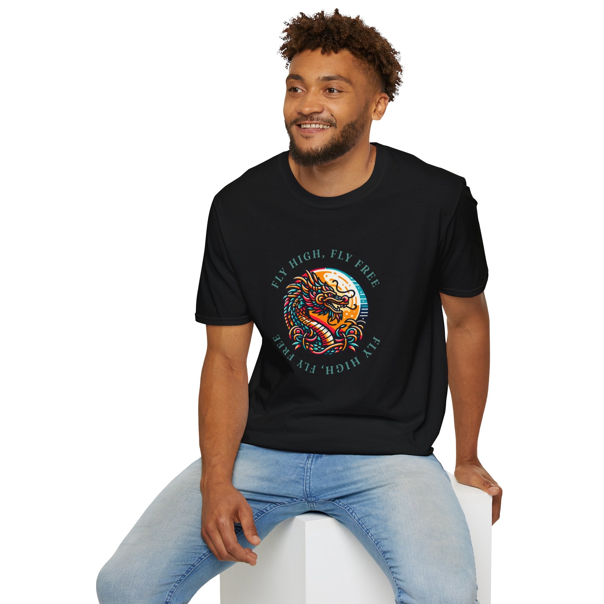Dragon Graphic T-Shirt - 'Fly High, Fly Free' Unisex Softstyle Tee