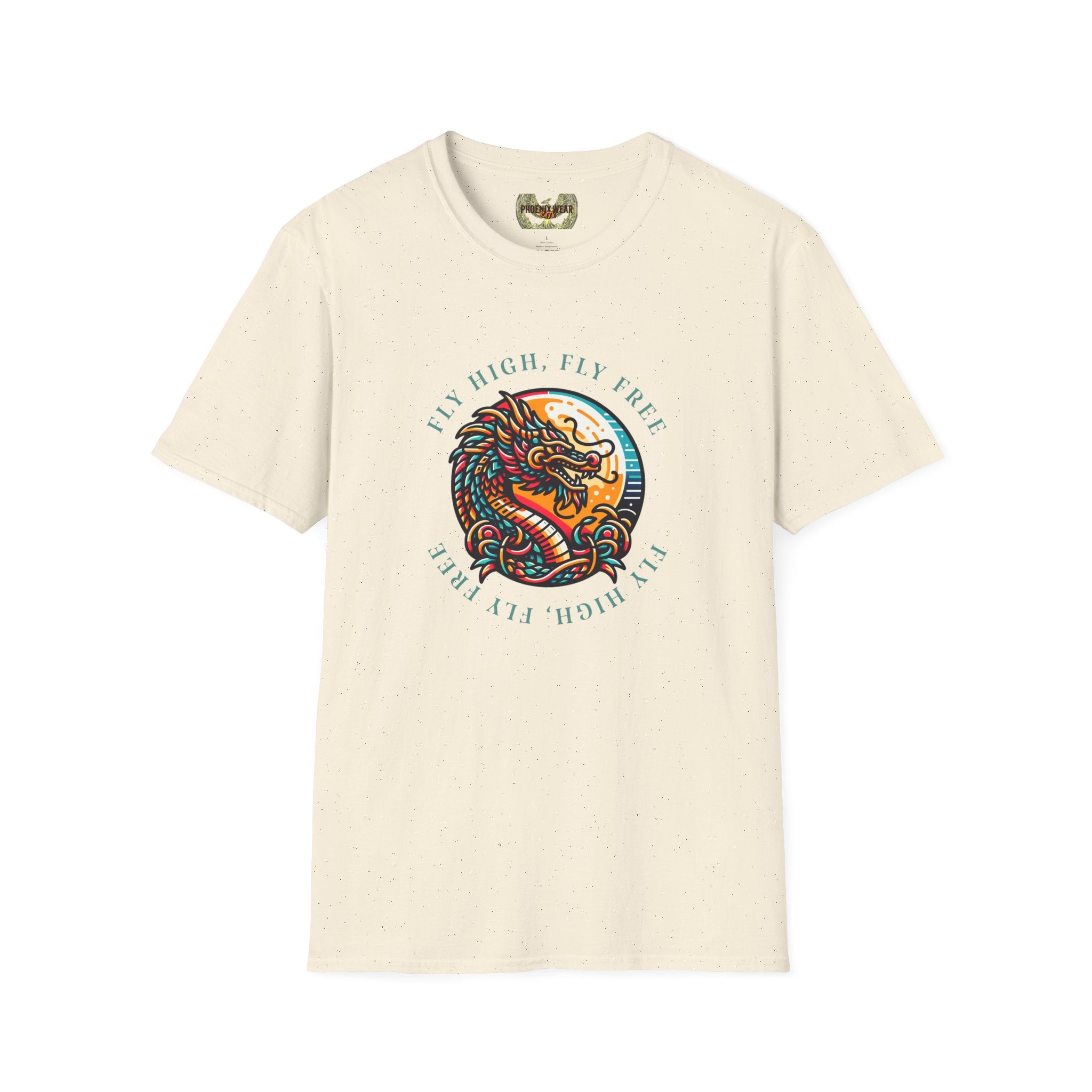 Dragon Graphic T-Shirt - 'Fly High, Fly Free' Unisex Softstyle Tee