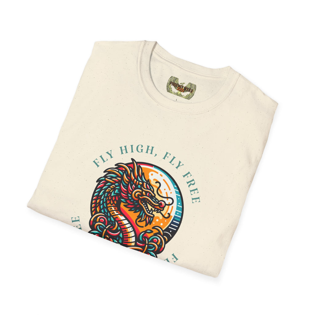 Dragon Graphic T-Shirt - 'Fly High, Fly Free' Unisex Softstyle Tee