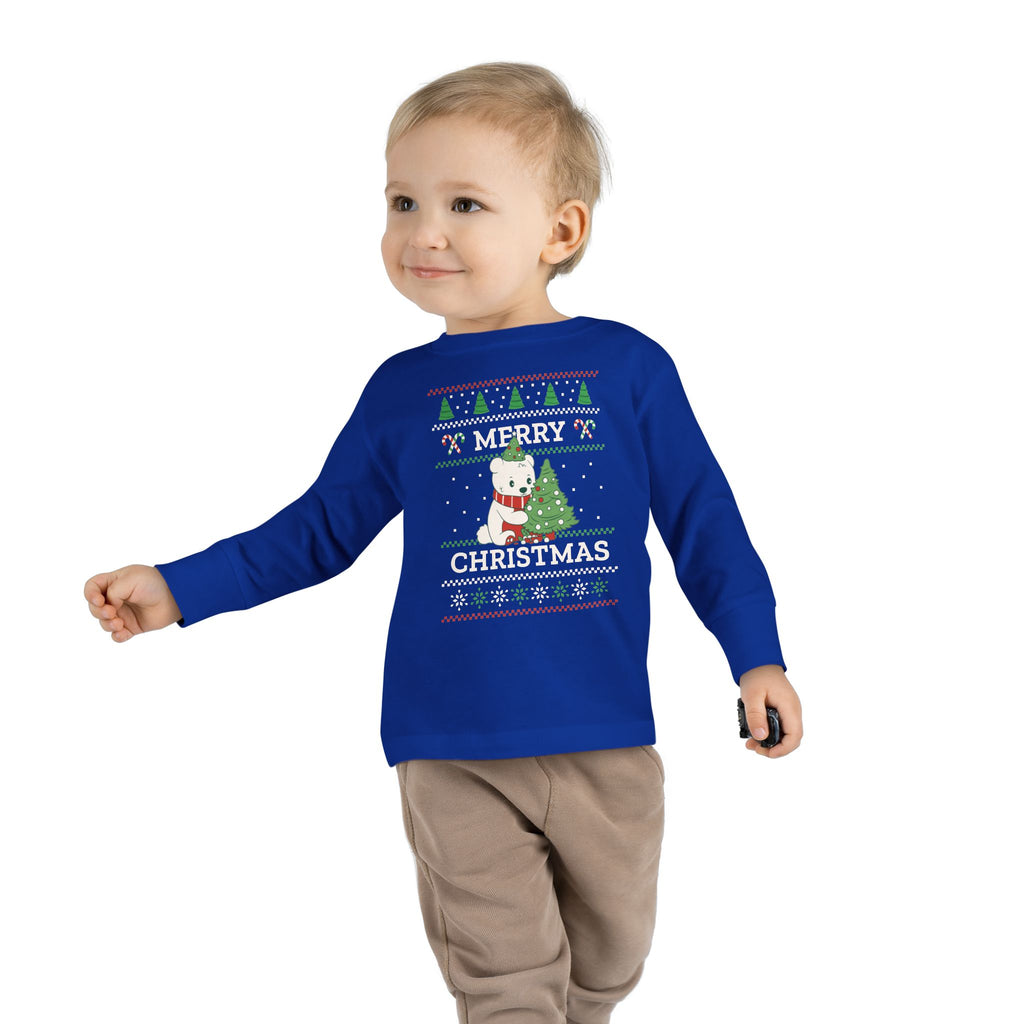 Toddler Long Sleeve Tee — Merry Christmas Snowman & Tree Holiday Shirt for Kids