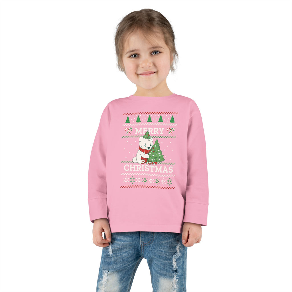 Toddler Long Sleeve Tee — Merry Christmas Snowman & Tree Holiday Shirt for Kids
