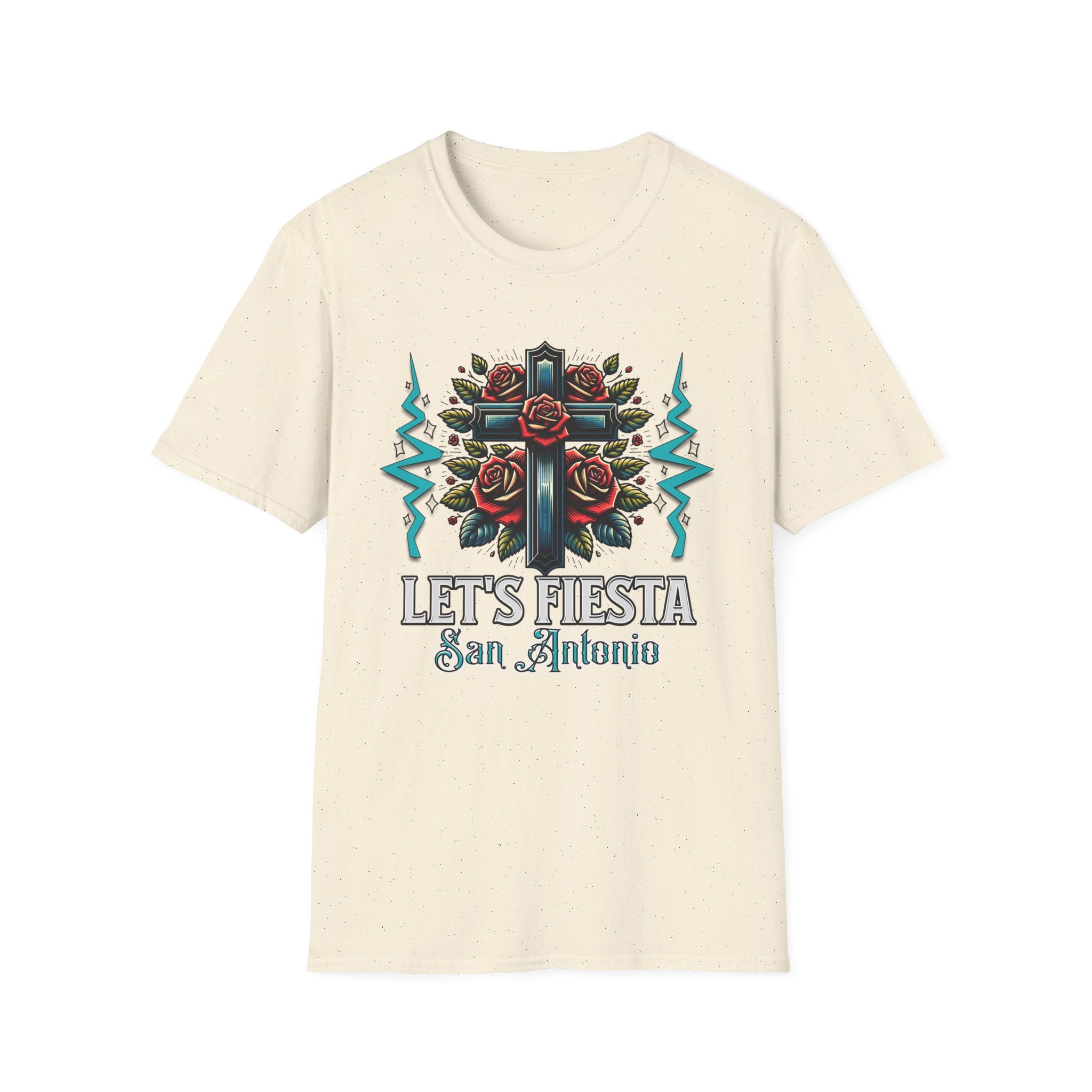 Let’s Fiesta San Antonio T-Shirt — Rose Cross Tattoo Style Fiesta Tee