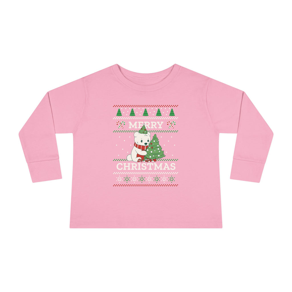 Toddler Long Sleeve Tee — Merry Christmas Snowman & Tree Holiday Shirt for Kids