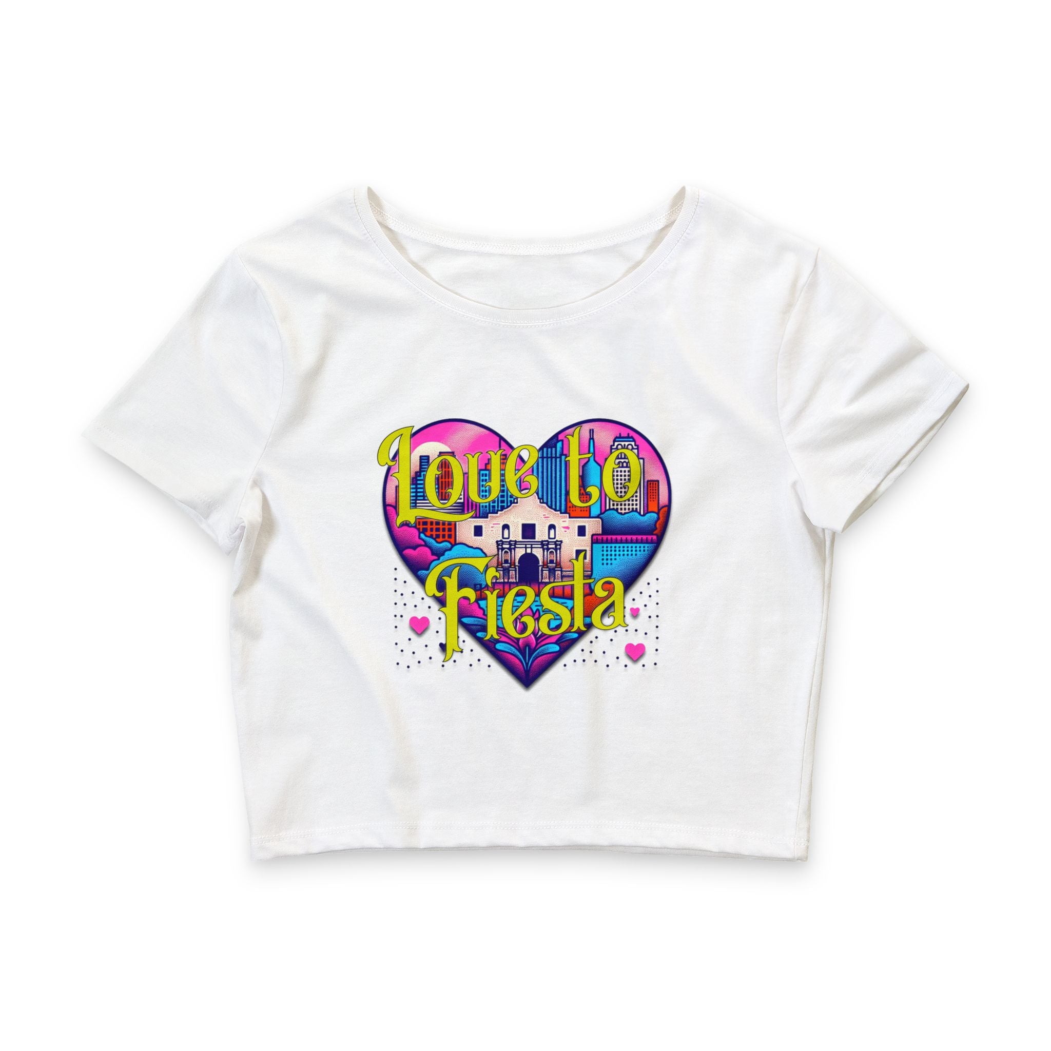 Love to Fiesta Crop Tee — Colorful Heart Fiesta Graphic Top for Women