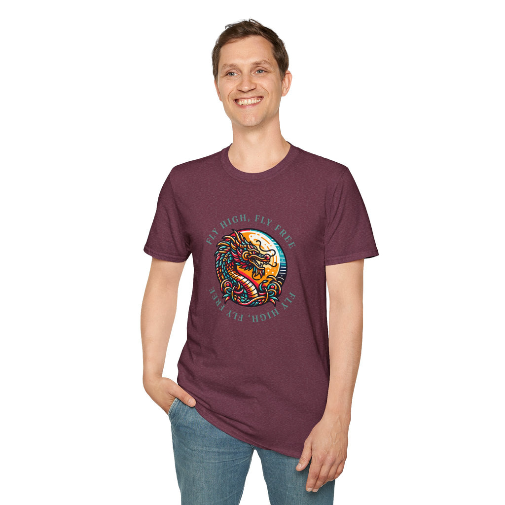 Dragon Graphic T-Shirt - 'Fly High, Fly Free' Unisex Softstyle Tee