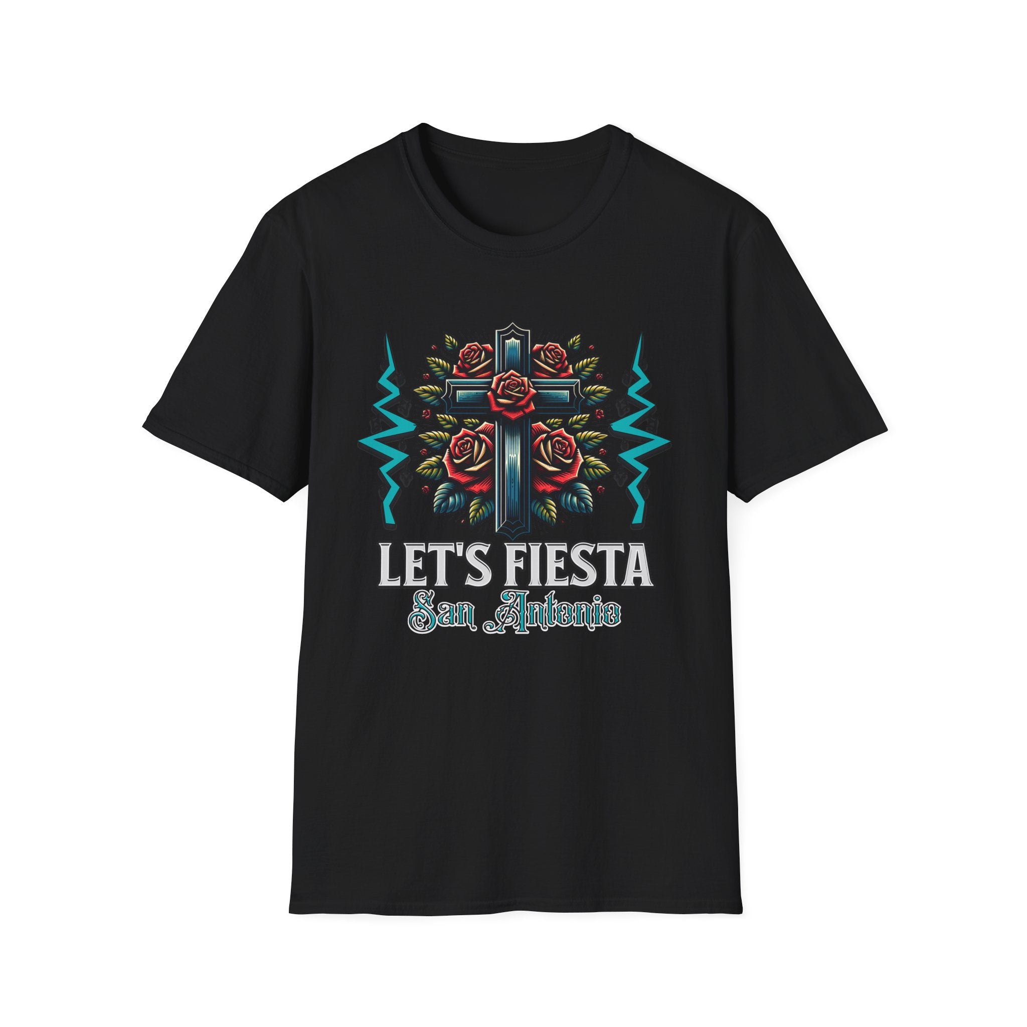 Let’s Fiesta San Antonio T-Shirt — Rose Cross Tattoo Style Fiesta Tee