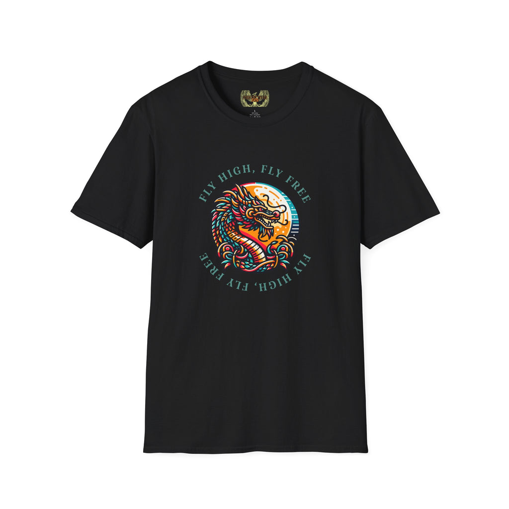 Dragon Graphic T-Shirt - 'Fly High, Fly Free' Unisex Softstyle Tee