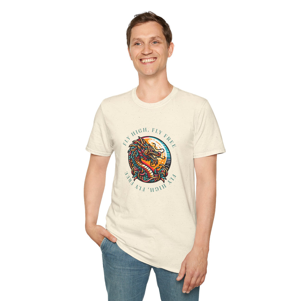 Dragon Graphic T-Shirt - 'Fly High, Fly Free' Unisex Softstyle Tee