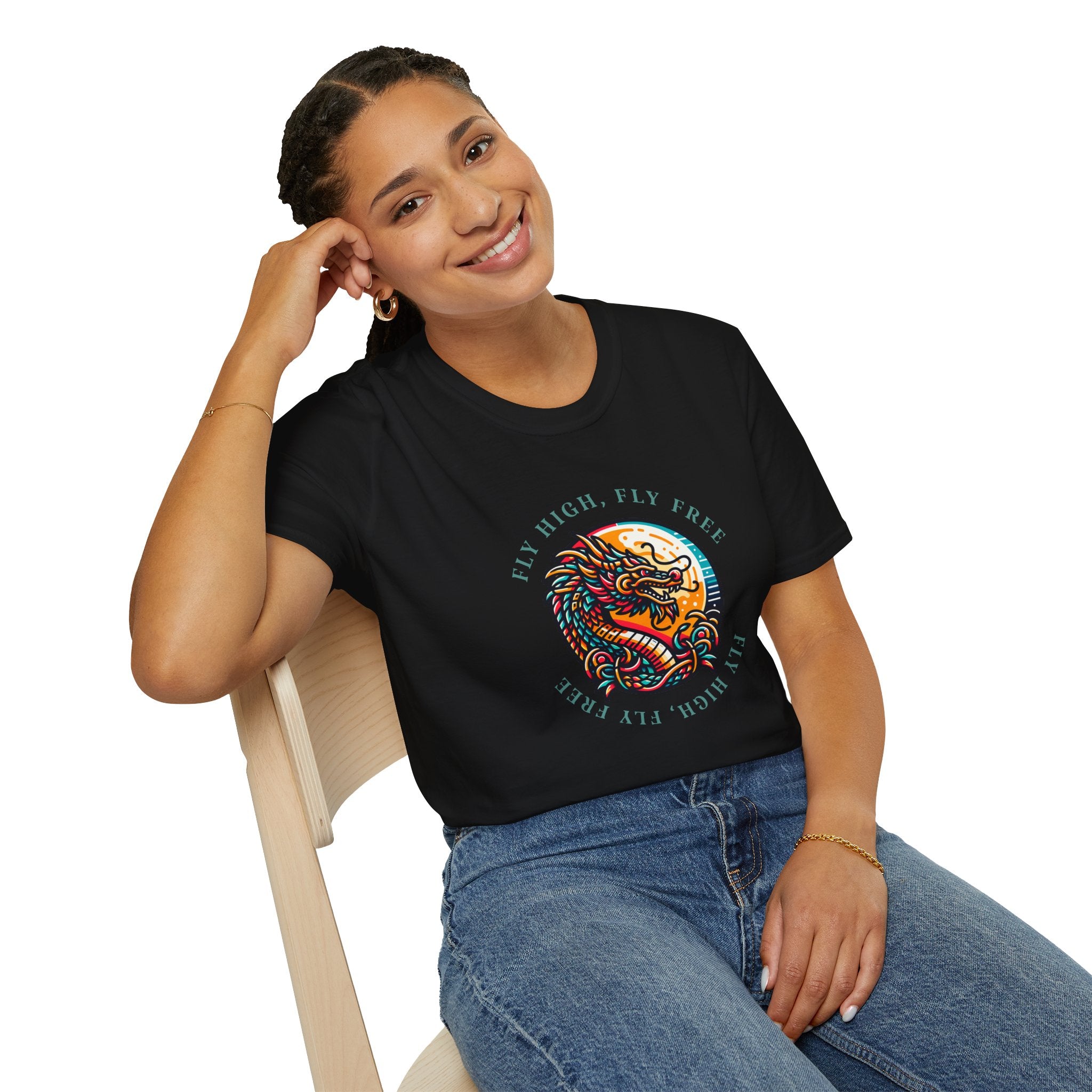 Dragon Graphic T-Shirt - 'Fly High, Fly Free' Unisex Softstyle Tee