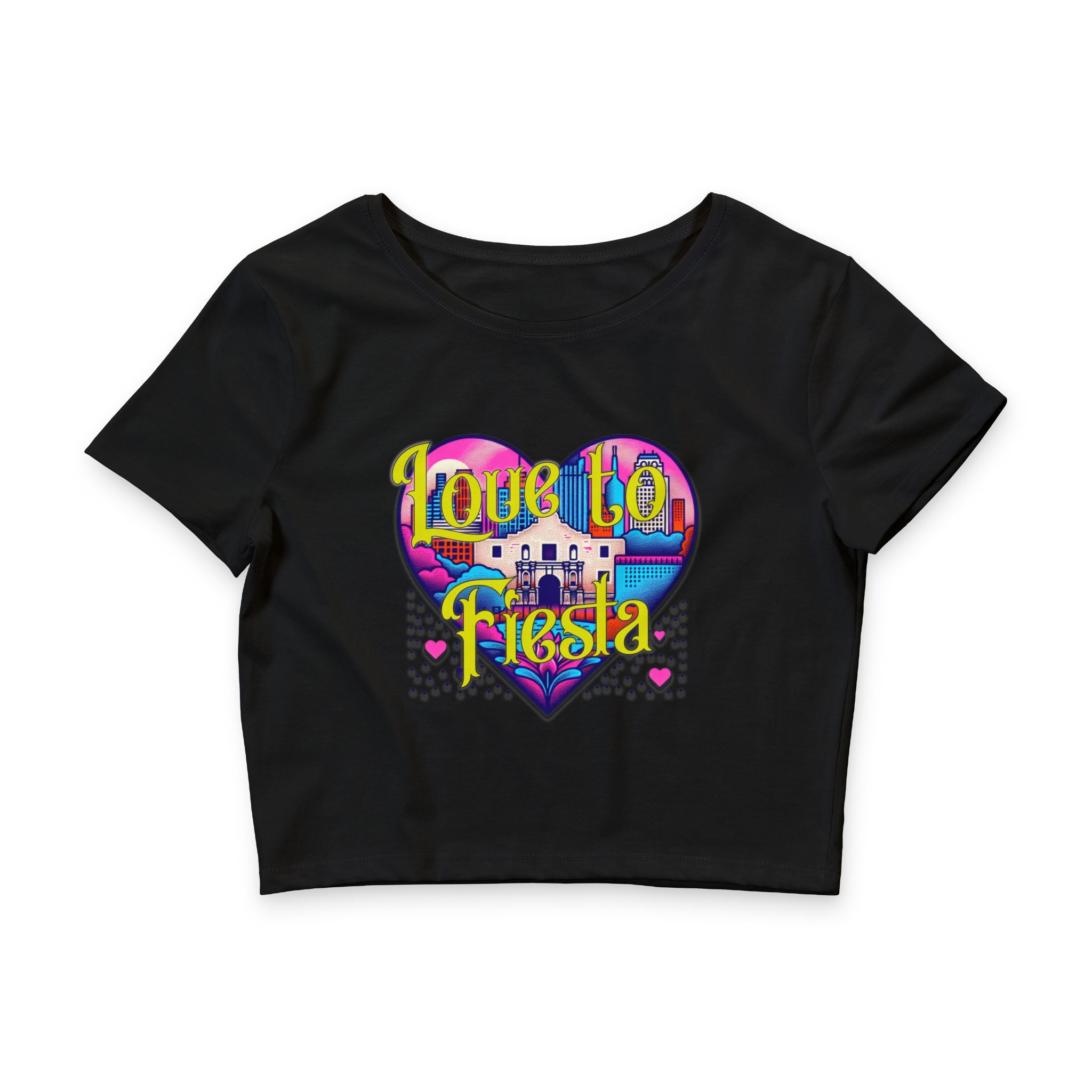 Love to Fiesta Crop Tee — Colorful Heart Fiesta Graphic Top for Women