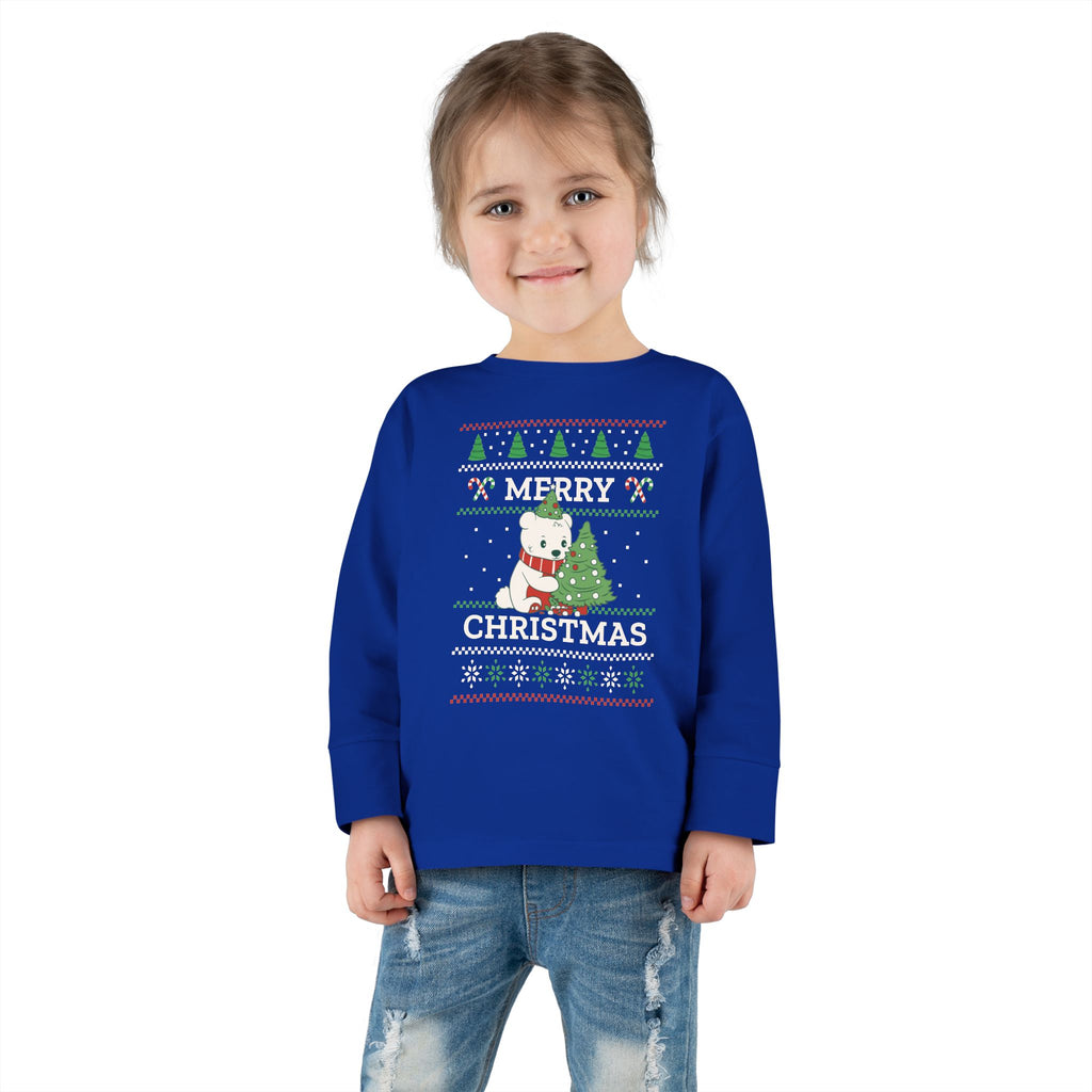 Toddler Long Sleeve Tee — Merry Christmas Snowman & Tree Holiday Shirt for Kids