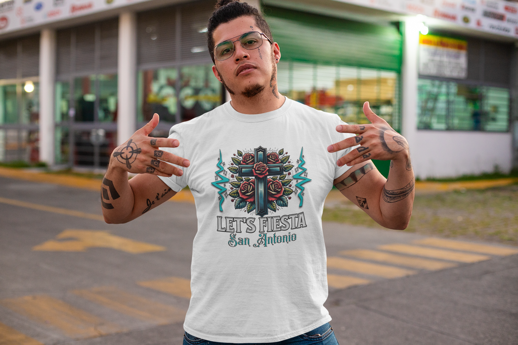 Let’s Fiesta San Antonio T-Shirt — Rose Cross Tattoo Style Fiesta Tee
